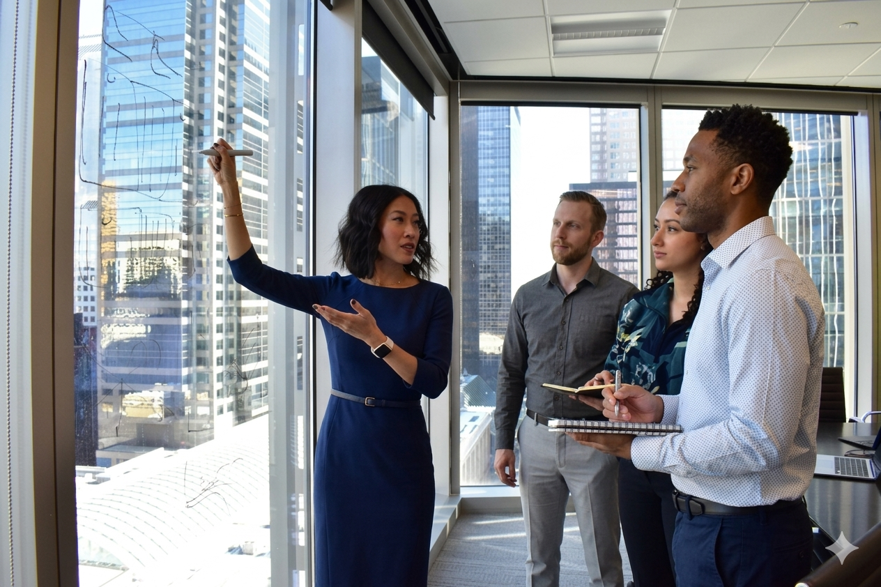 A professional woman presents information on a glass wall to a group of colleagues in an office. The team consists of three individuals who appear engaged and are taking notes.