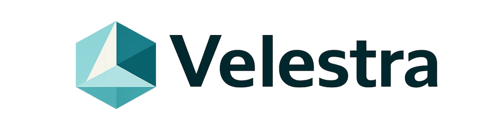 Logo of Velestra featuring a geometric shape in shades of teal and the company name in bold dark text.